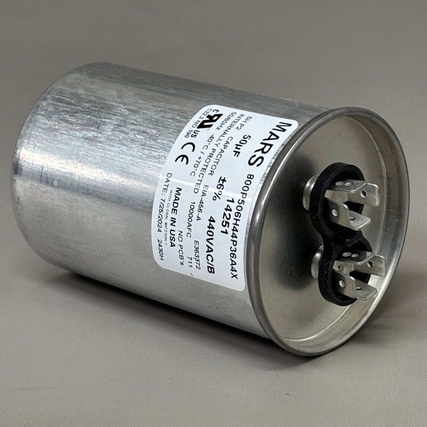 MARS Motor Run Capacitor Round 50 MFD 440/370 VAC Dual Voltage Rated 14251