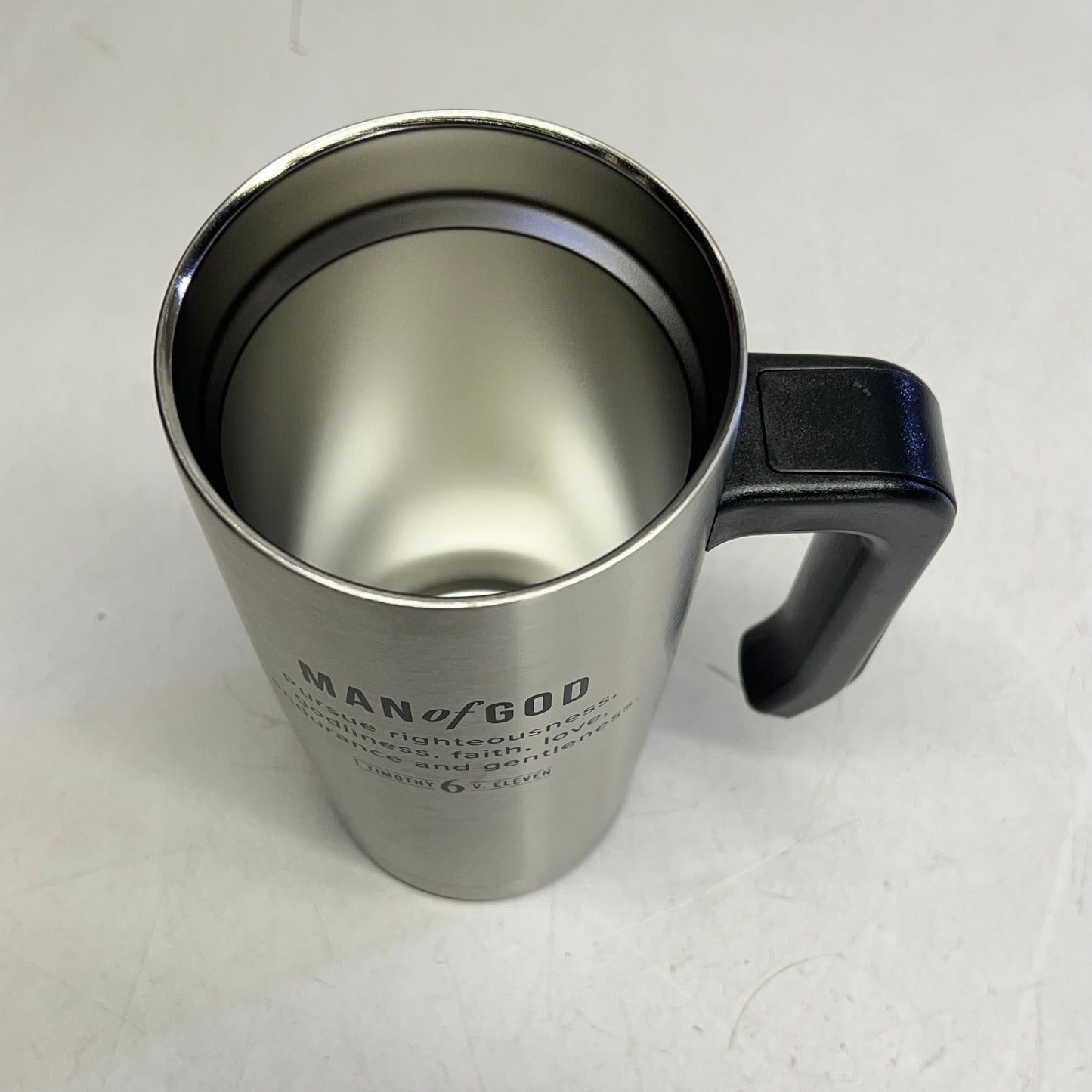 CHRISTIAN ART GIFTS Timothy 6:11 Travel Mug with Handle 18 fl oz Silver SMUG328