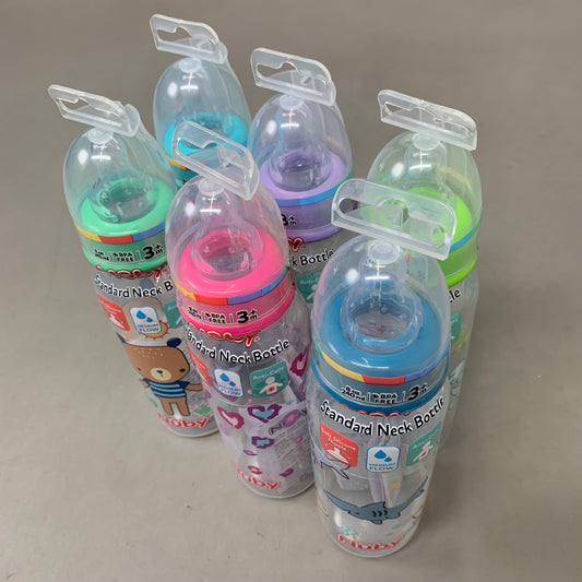 NUBY (6 Pack) Assorted Non-Drip Neck Baby Bottles As-is (slightly Damaged Packaging)  8oz Color's May Very
