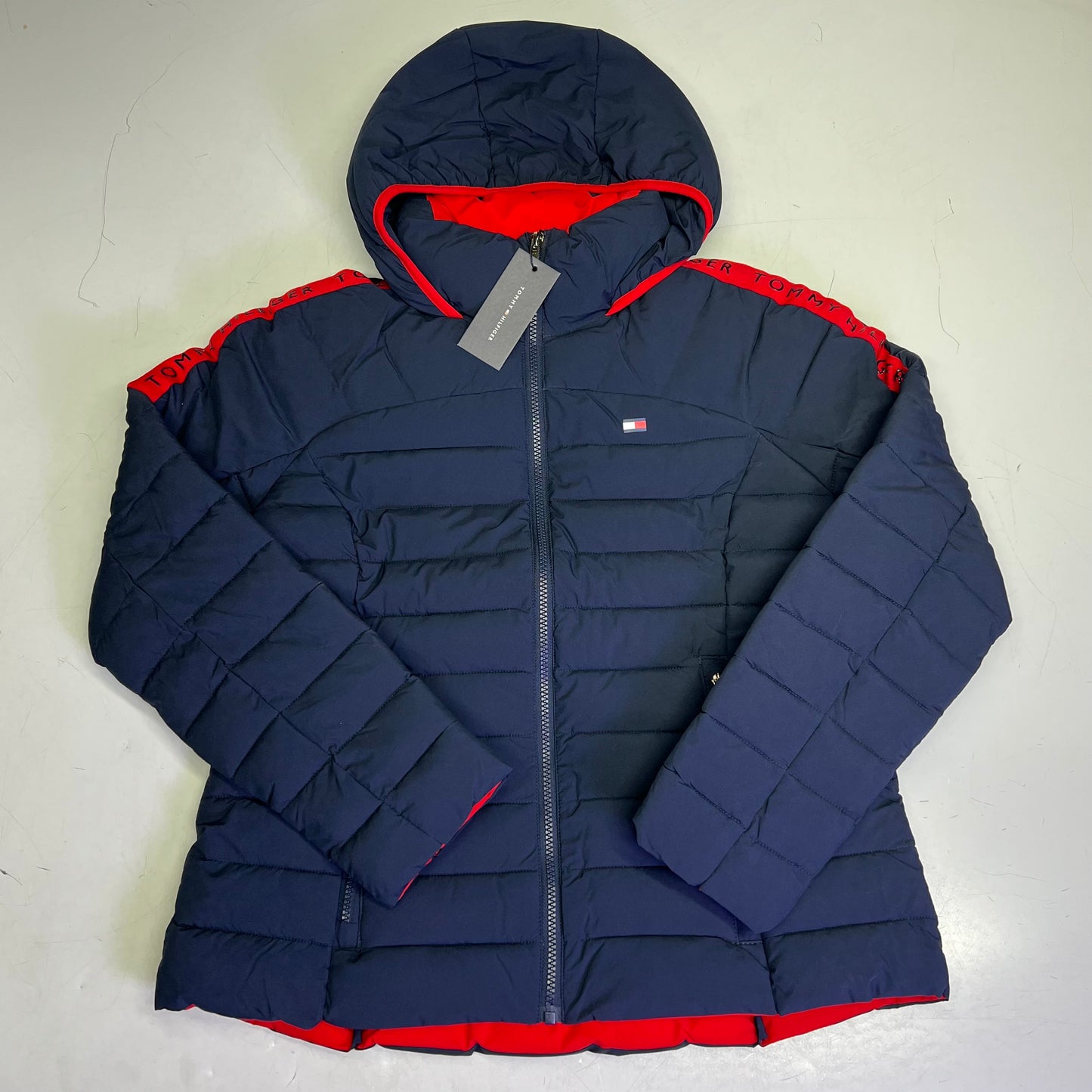 ZA@ TOMMY HILFIGER Lightweight Coat Jacket Women's Sz M Navy Blue/Red J2XJ0834