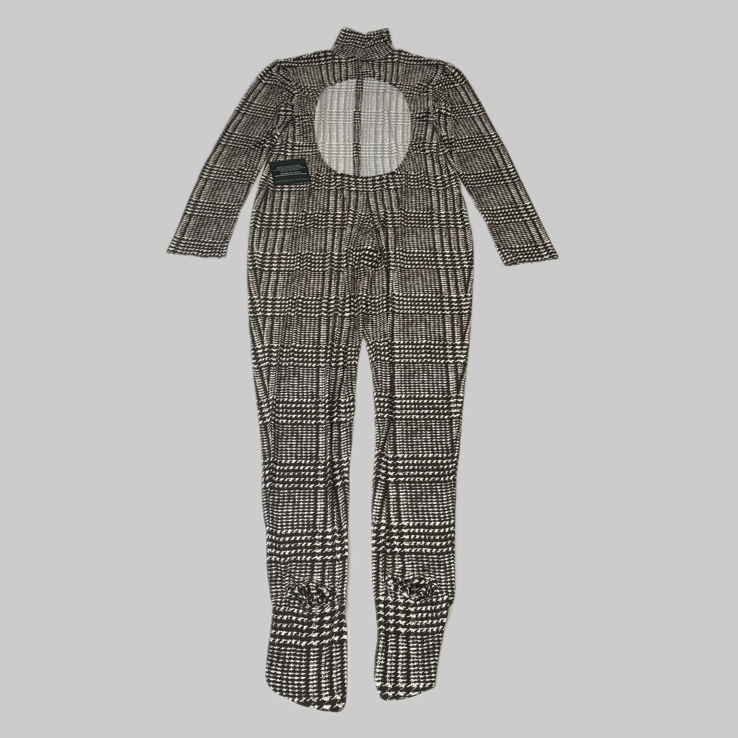 NORMA KAMALI Sleeve Open Back Catsuit Footsie Women's Sz XL/42 Chocolate Plaid