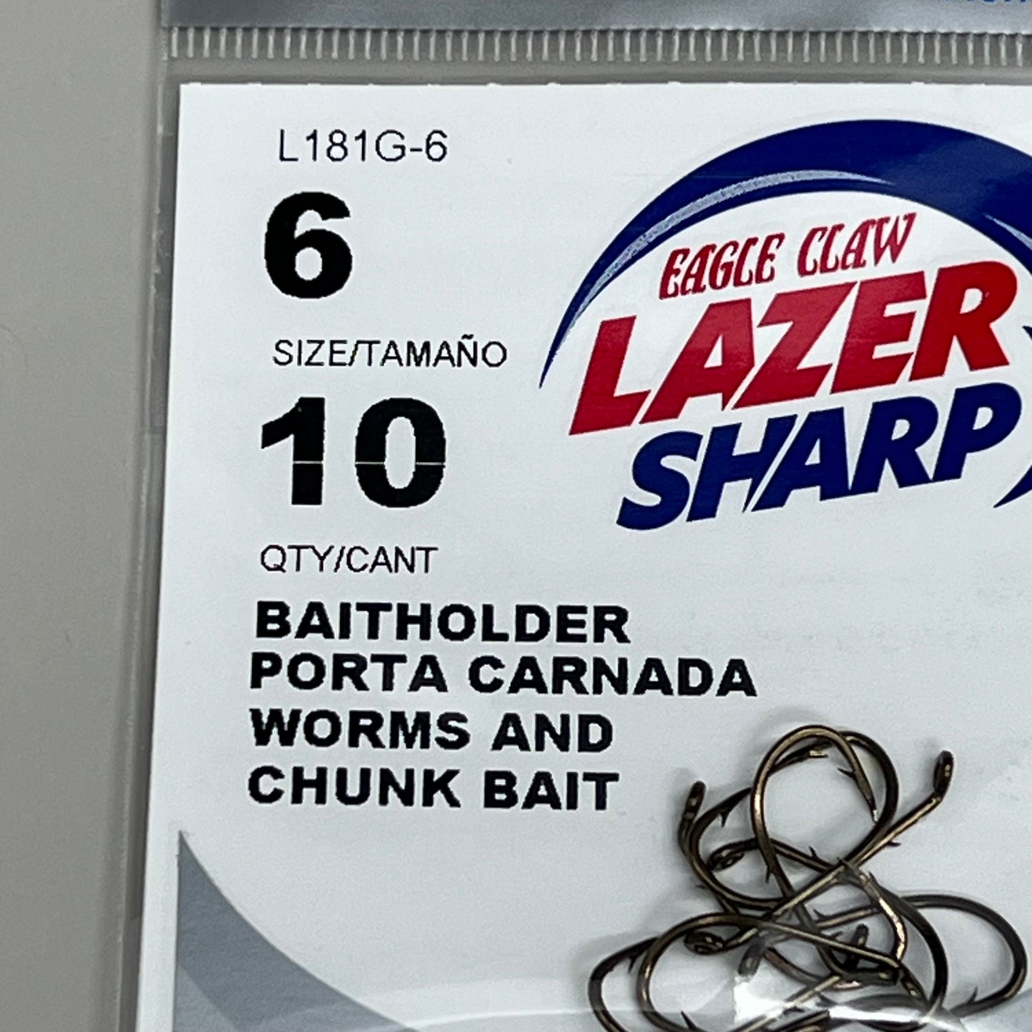 EAGLE CLAW (5 PACK) Sharp Worms & Chunk Baitholder Hook Bronze #6 10pc L181G-6