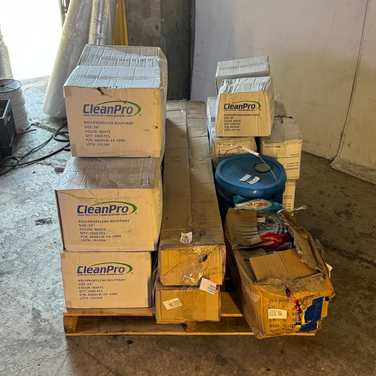 ZA@ Pallet of MIXED Tension Rod Assy, Stainless Steel Braided Washer Machine Hose, Aqua Film Concentrate, Polypropylene Bouffant & Beard Cover (New Other)