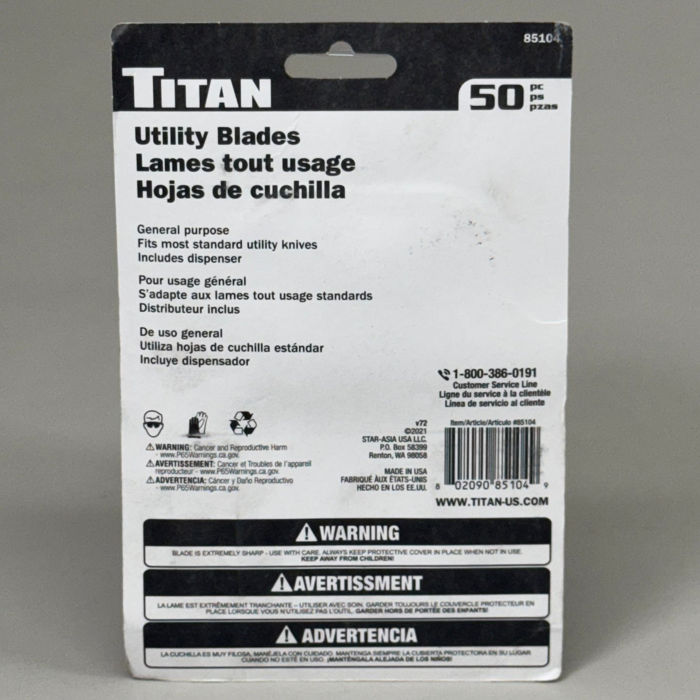 ZA@ TITAN (50 PACK) Utility Blades w/ Dispenser Heavy Duty Carbon Steel 85104