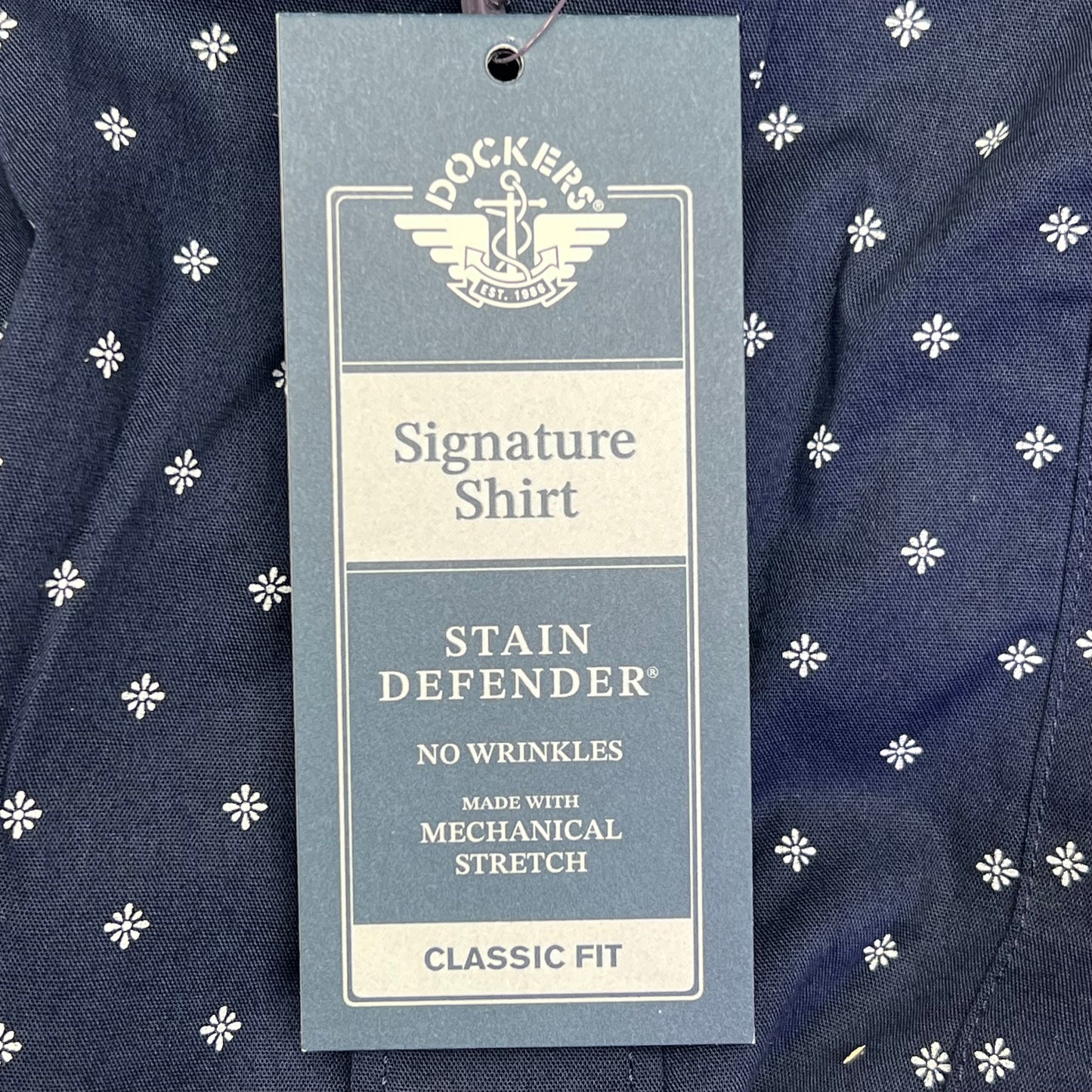 DOCKERS Stain Defender Button Up Shirt Daisy Pattern Men's Sz XL Navy Blue