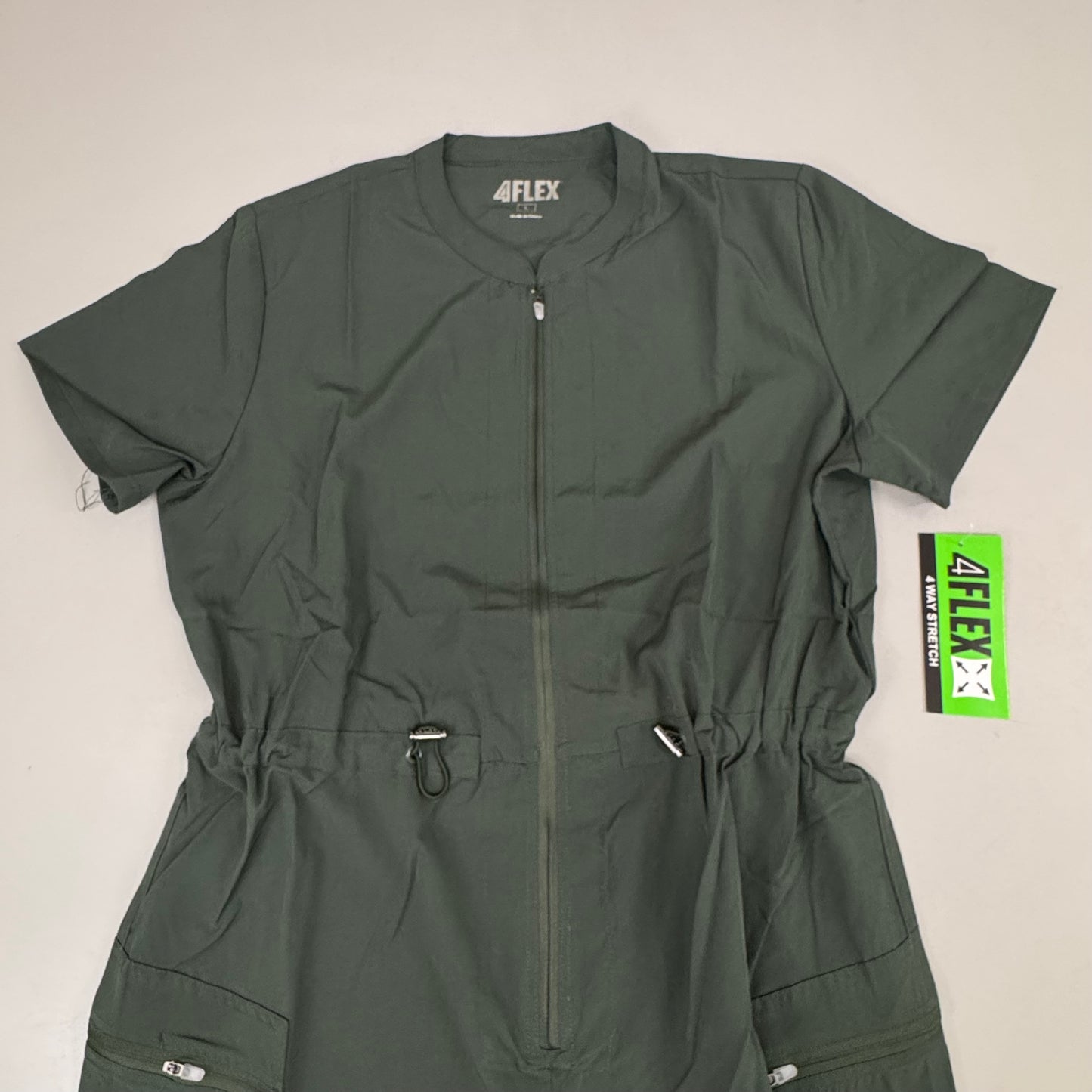 GREEN TOWN 4 Flex Scrubs Jumpsuit Cinch In Waist Women's Sz L Olive GFX-023AST