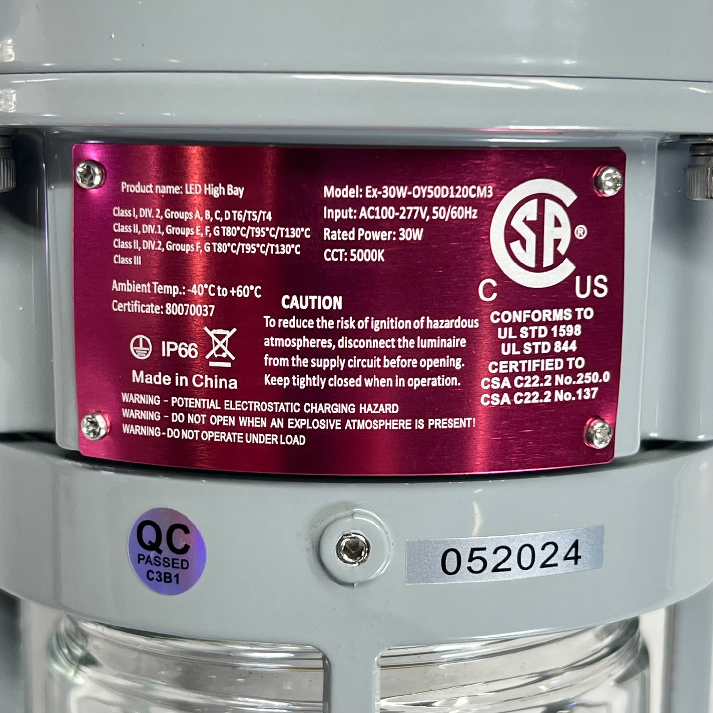Explosion Proof Led Bay Light 30 Watt 5000K Color Temp Grey EX-30W-OY50D120CM