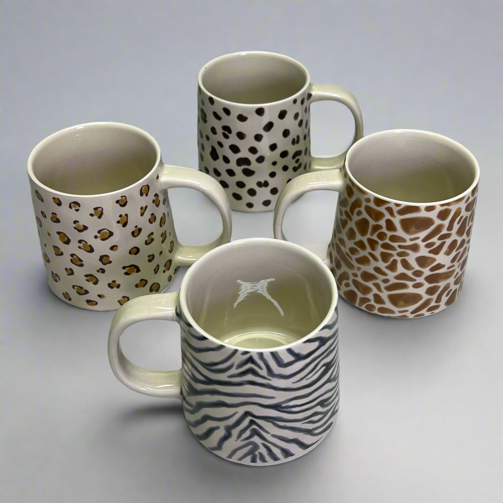 CREATIVE CO-OP Set Of 4 Stoneware Animal Print Mugs 4 Styles 6" 14oz DG0439A