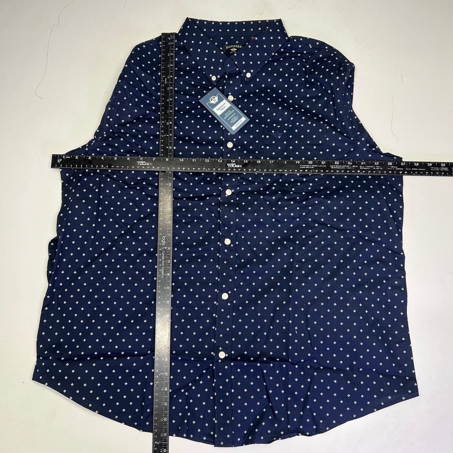 DOCKERS Stain Defender Button Up Shirt Daisy Pattern Men's Sz XXL Navy Blue