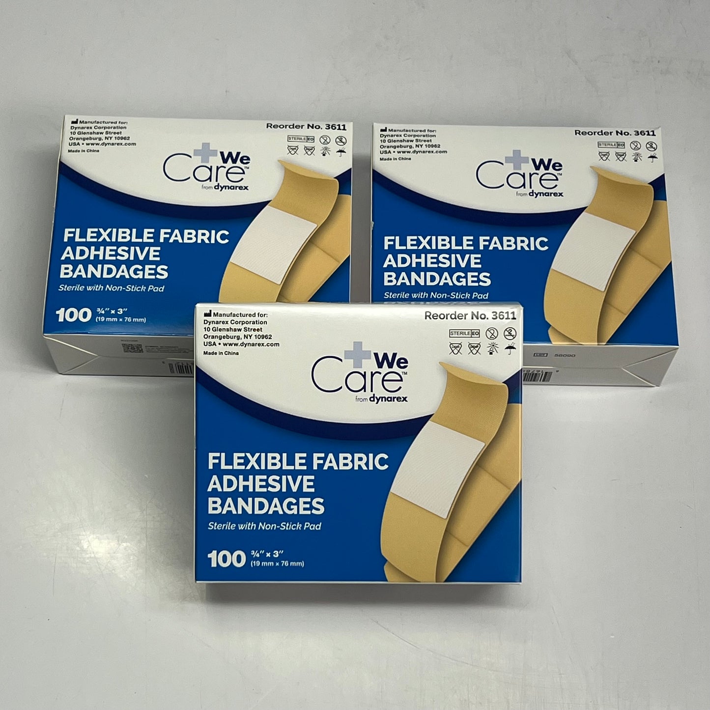 ZA@ DYNAREX (3 PACK, 100 BANDAIDS EACH) Flexible Fabric Adhesive Bandages 3/4" x 3" Tan 3611 C