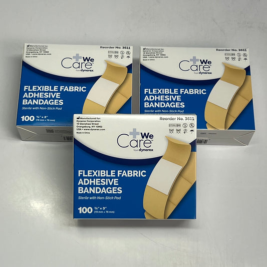 ZA@ DYNAREX (3 PACK, 100 BANDAIDS EACH) Flexible Fabric Adhesive Bandages 3/4" x 3" Tan 3611 C