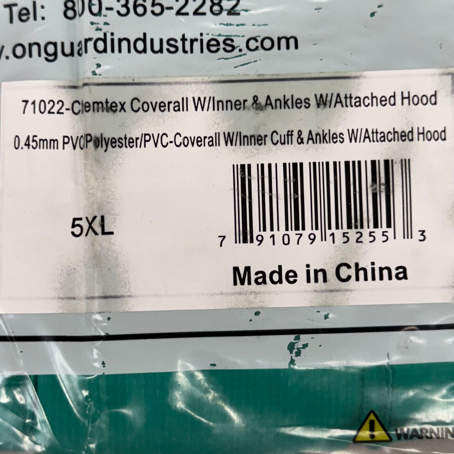 ONGAURD Chemtex Coverall w/ Inner Cuffs Pvc/Polyester Unisex Sz 5XL Green 71022