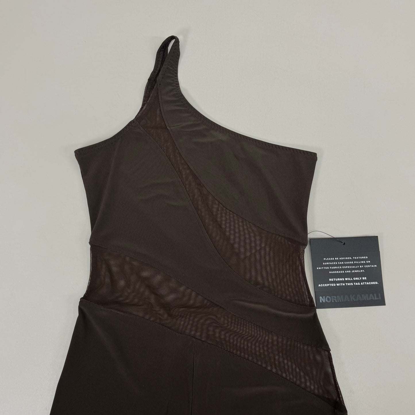 NORMA KAMALI One Shoulder Snake Mesh Catsuit Footsie Women's Sz XXS/32 Chocolate