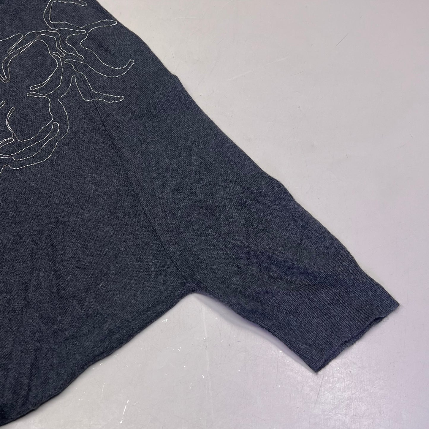 BRUNELLO CUCINELLI Mid Sleeve Cashmere Sweater Flower Detail Women's Sz L Grey