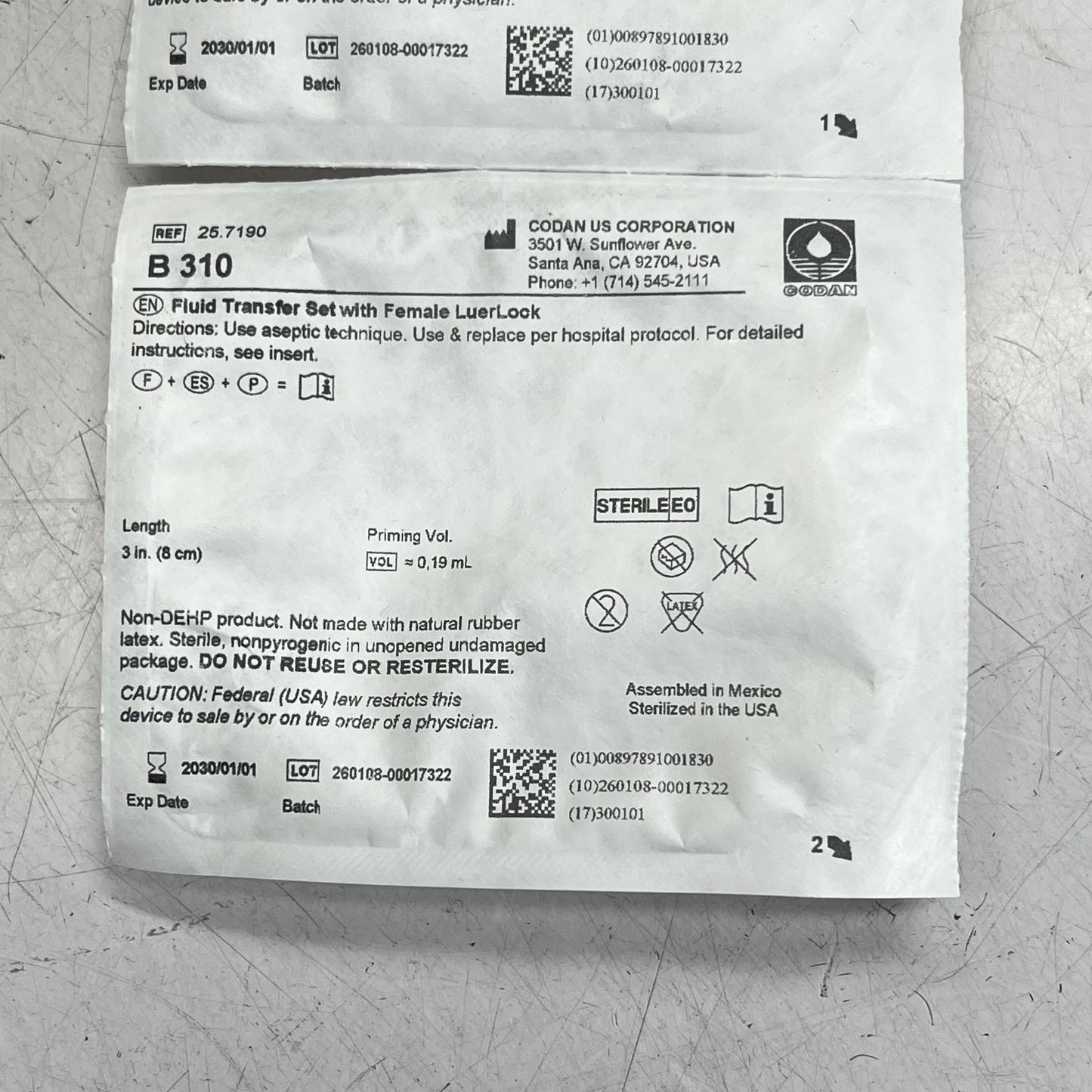 CODAN (50 PACK) Fluid Transfer Set W/ Female Luer Lock Sterile Clear BB 01/30