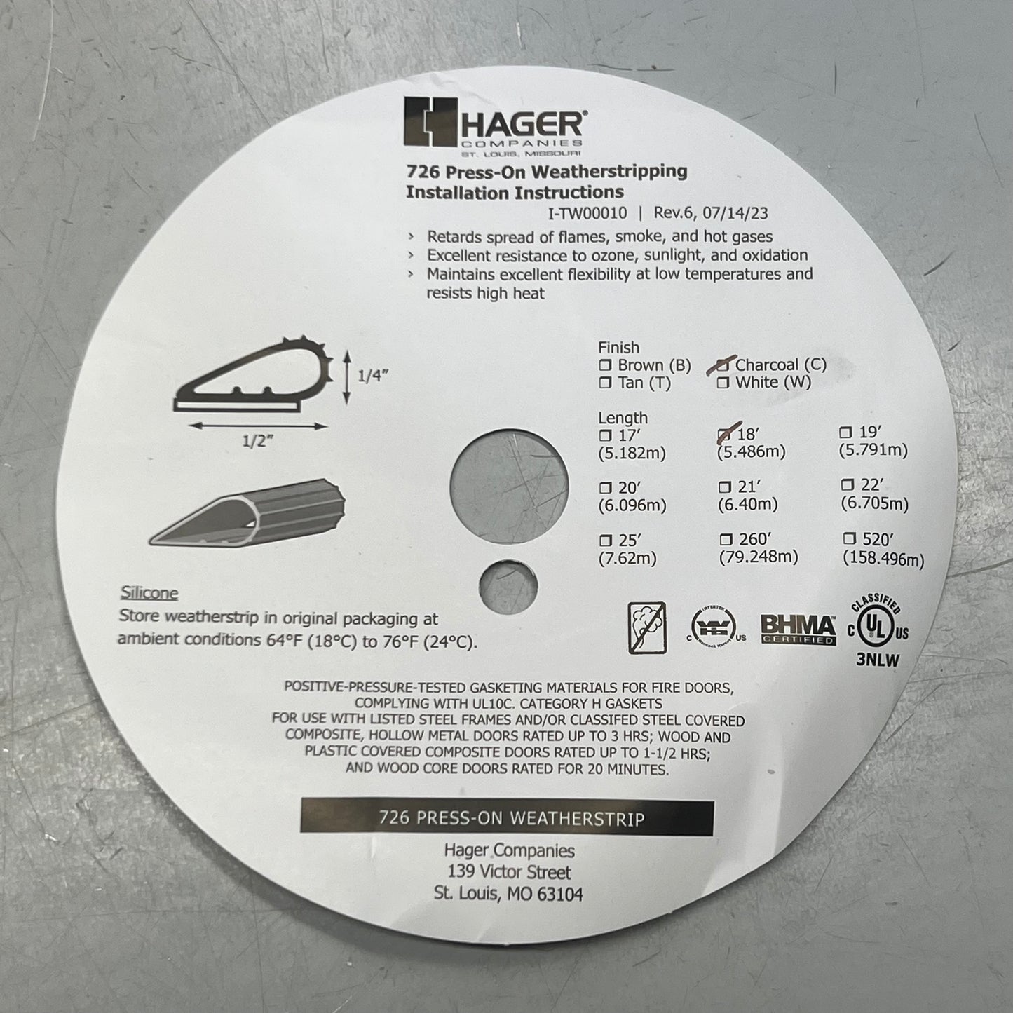 HAGER 726S 216" Charcoal Press On Weather Strip