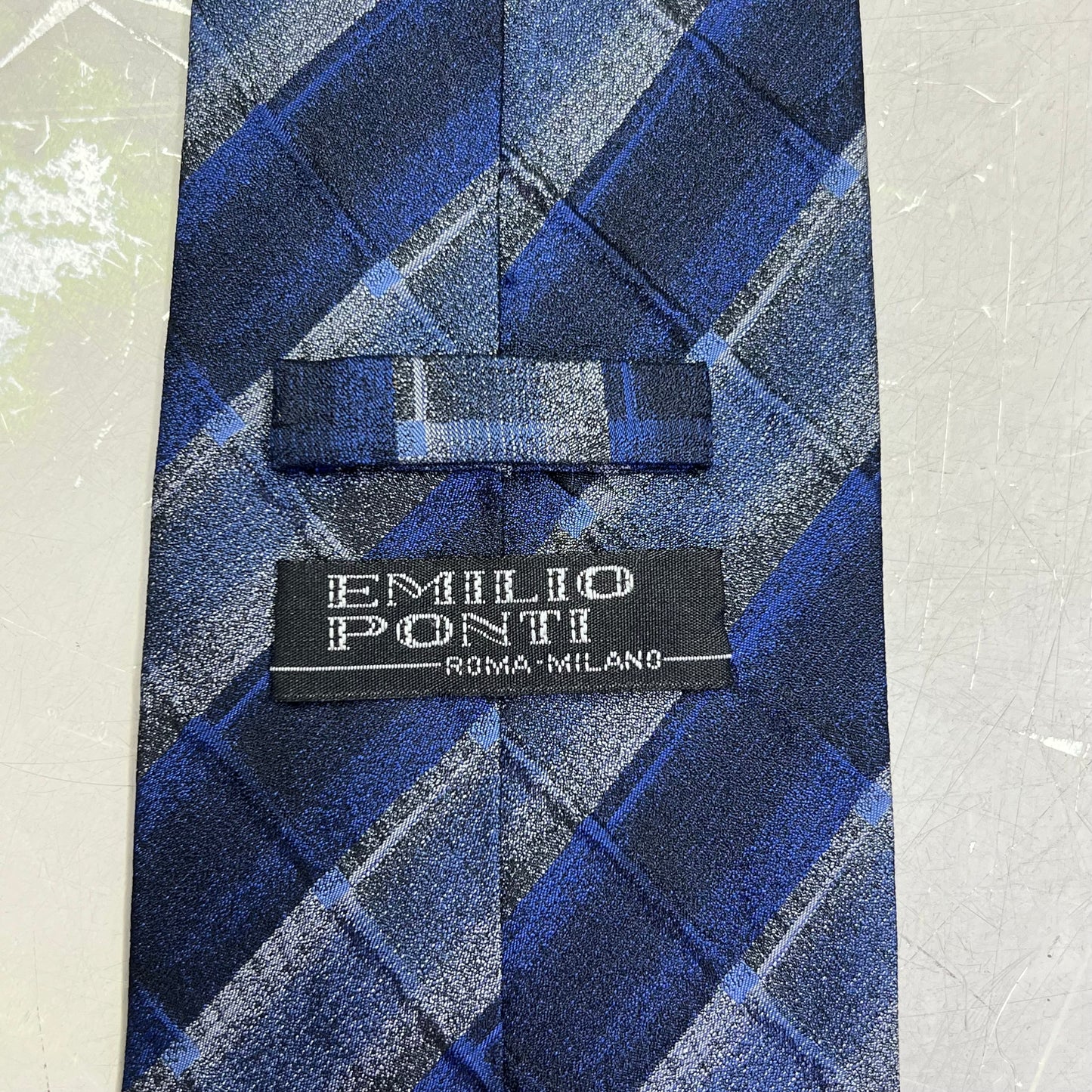 EMILIO PONTI Hand Made 100% Silk Suit Tie Ombre Plaid 60" Blue/White (Pre-Owned)