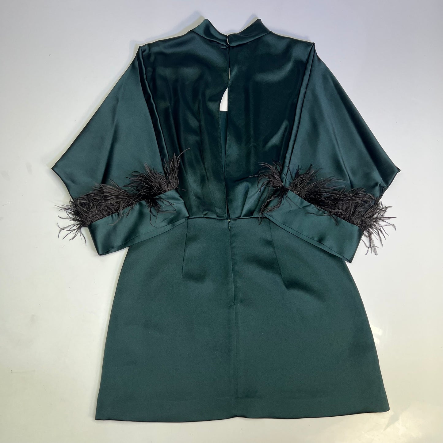 ZARA Open Back Feather Satin Effect Short Dress Women's Sz XS Dark Green/Black