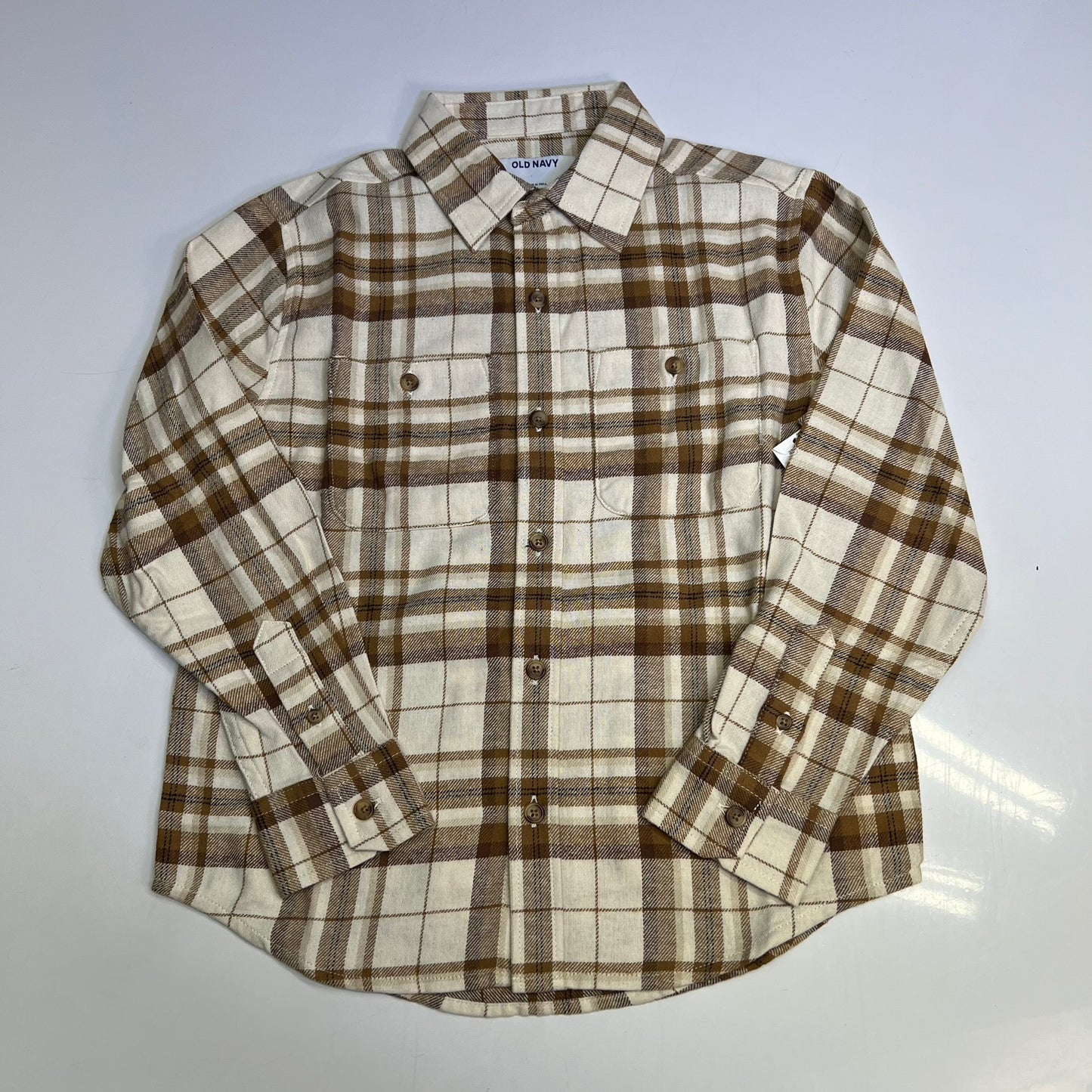 OLD NAVY Long-Sleeve Pocket Plaid Flannel Shirt Boy's Sz S White/Burnt Orange