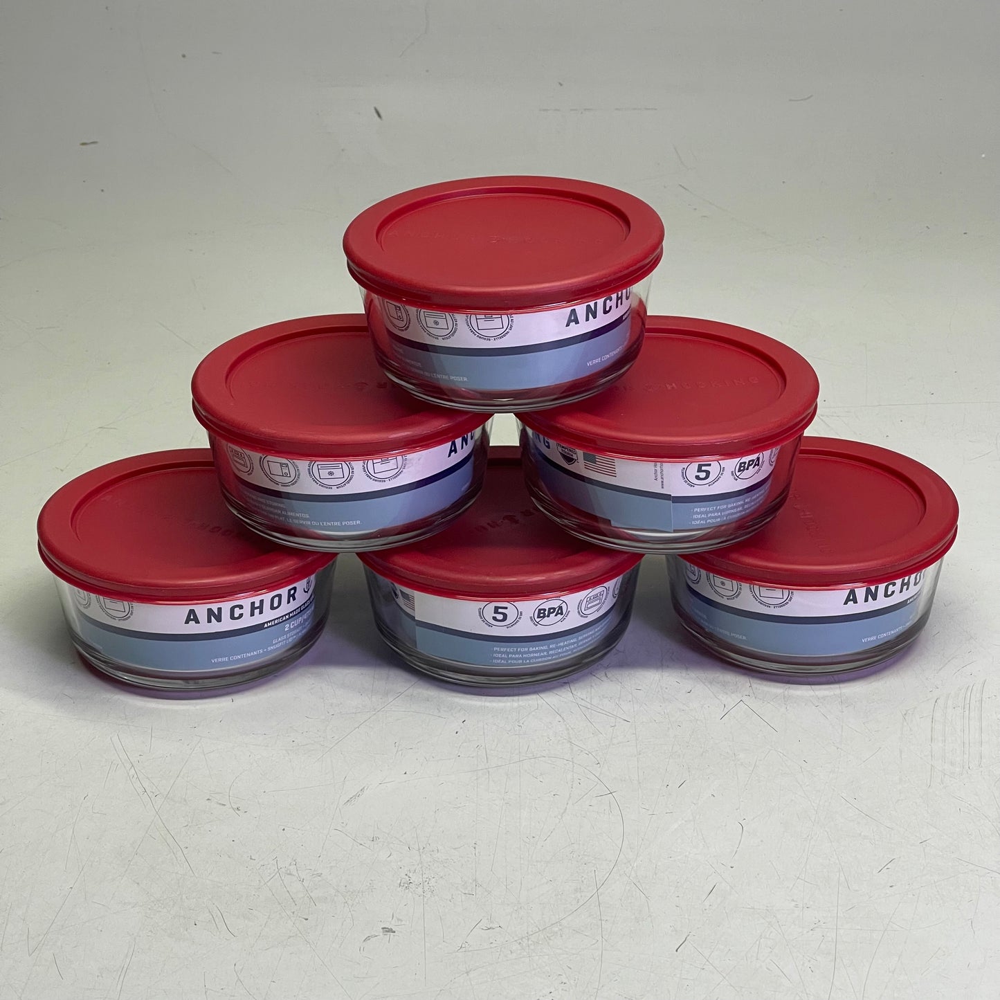 ANCHOR HOCKING (6 PACK) 2-Cup Glass Food Storage Container Clear + Red Lid 91547