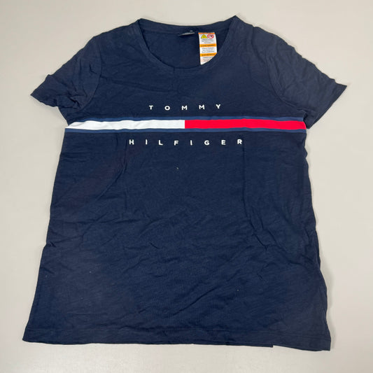 TOMMY HILFIGER Adaptive Short Sleeve Magnet Button T-Shirt Navy Blue Women's SZ S/P Signature Stripe (New Other)