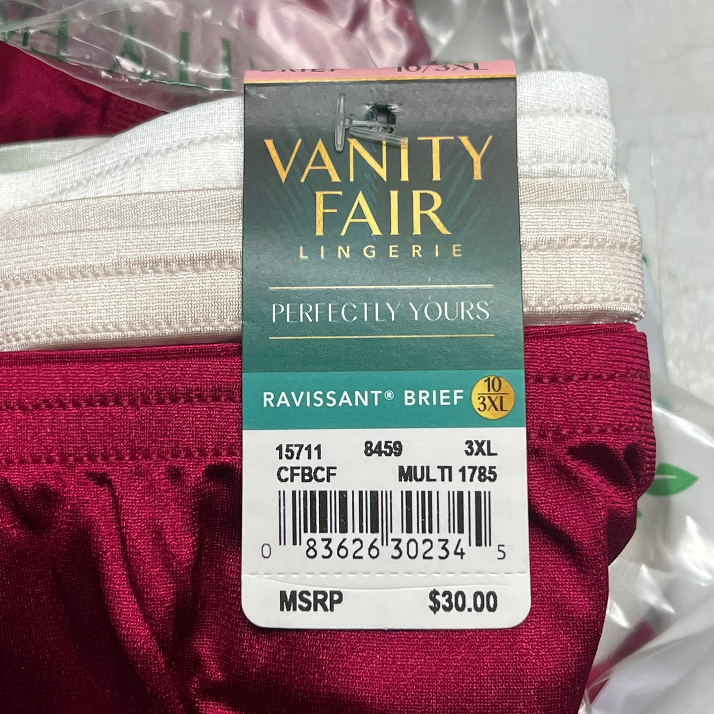 ZA@ VANITY FAIR Lot of Lingerie Perfectly Yours Ravissant Brief Women's Sz 3XL Cherry/Creme/White 15711