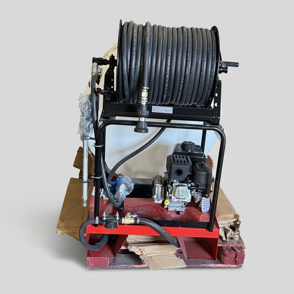 FIMCO 200 Gal. Skid Sprayer Gas 8 Roller Pump - 300' Hose Hand Reel Sz 48.5"L x 38"W x 75.75"H, White LSS-280