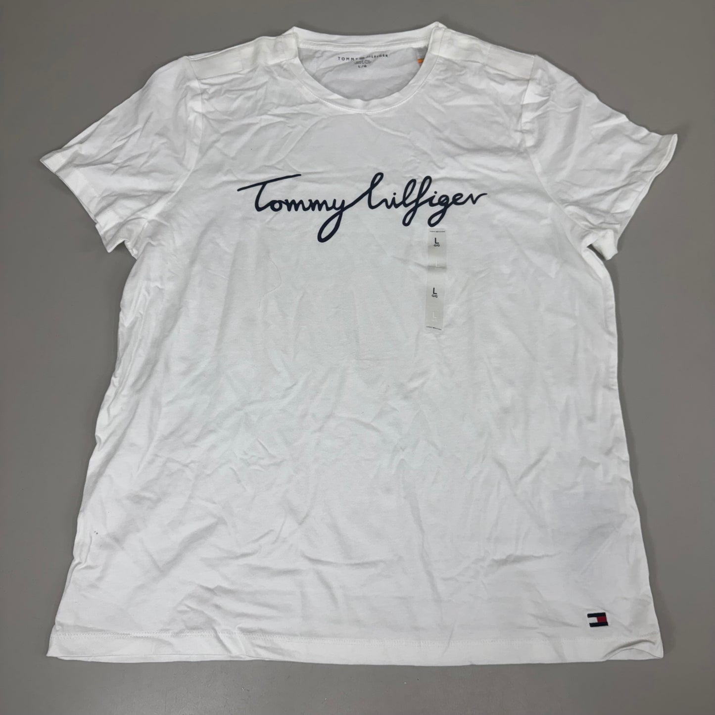 TOMMY HILFIGER Adaptive Short Sleeve Magnet Button T-Shirt White Women's SZ L Signature (New Other)