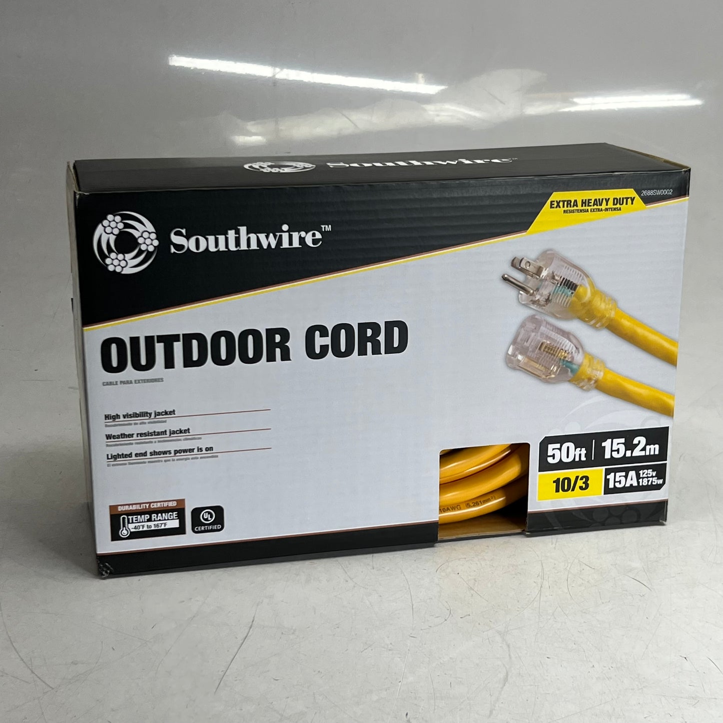 SOUTHWIRE Outdoor Extension Cord With Power Lightindicator 300V/15A Sz 50ft, Yellow 2688SW0002