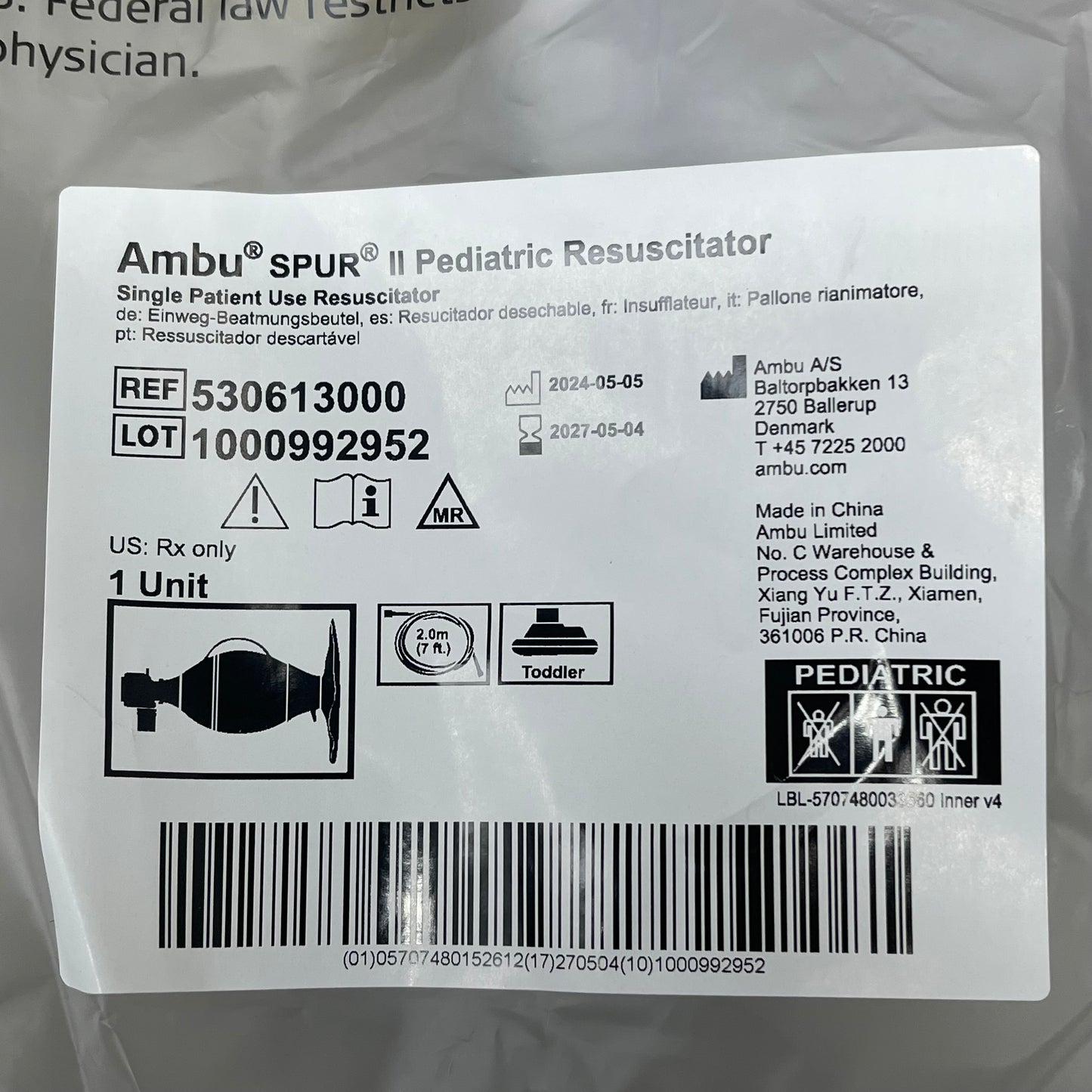 AMBU Spur II (6 PACK) Pediatric Resuscitator Disposable Pediatric 450 mL Bag Oral Mask