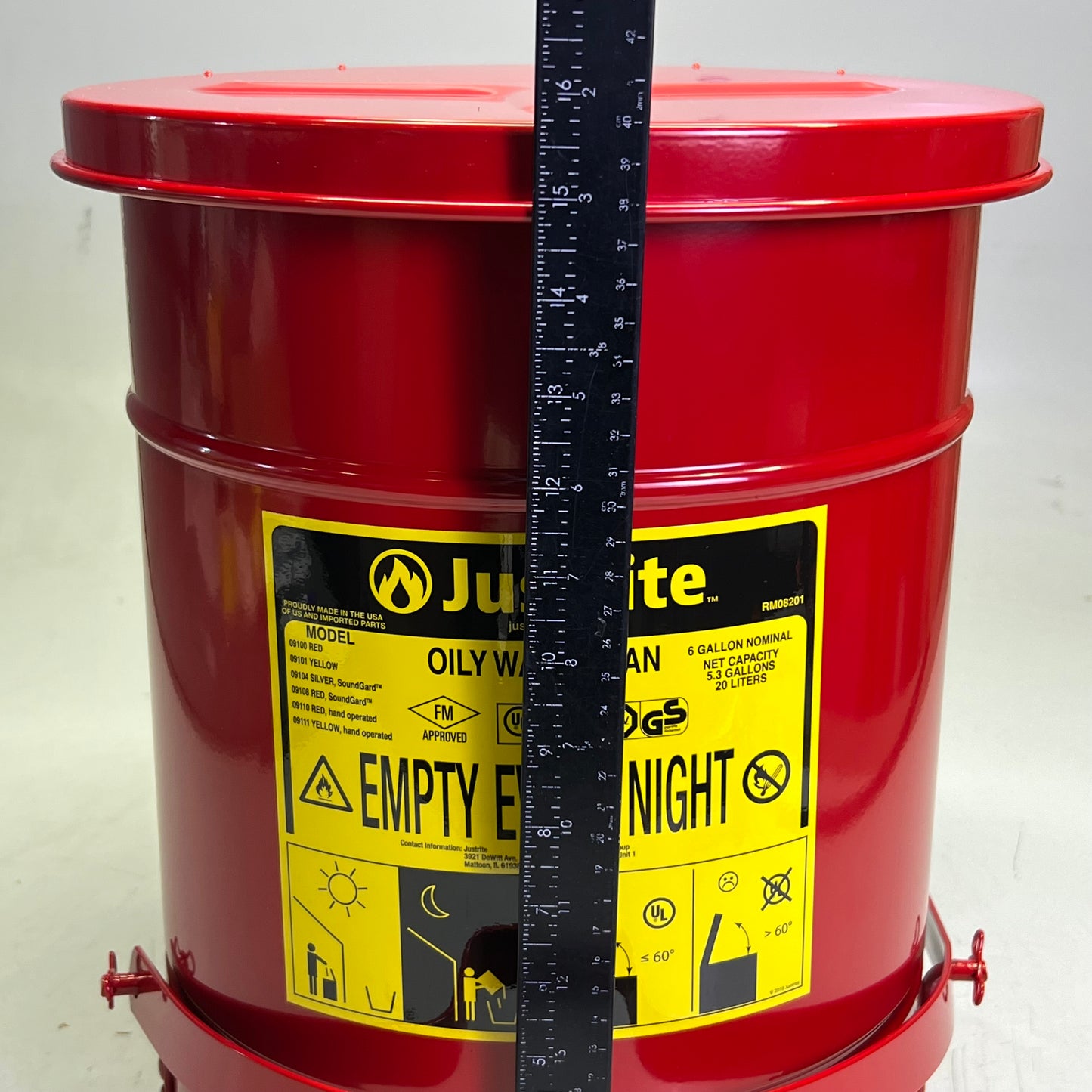 JUSTRITE Oily Waste Can 6 Gal w/ Foot Lever Red 09100