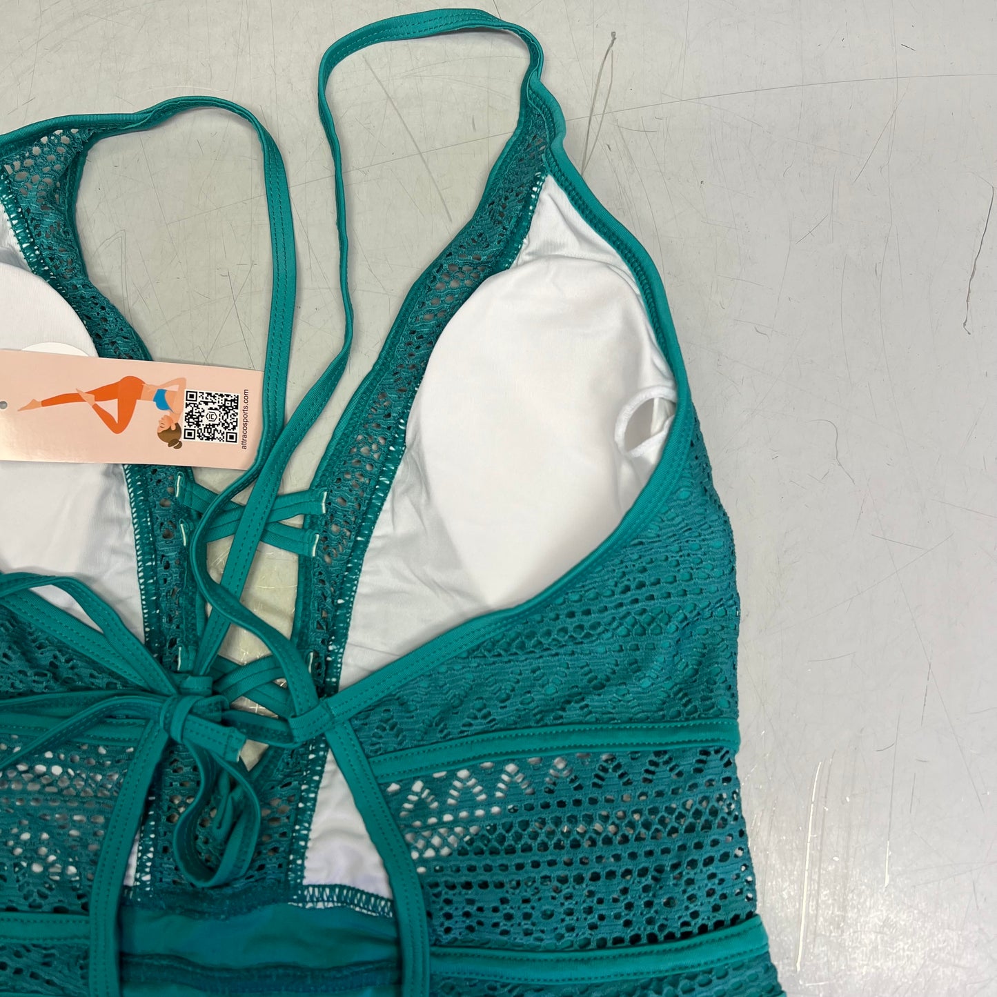 CHARMO Solid Cross Plunge Crochet One Piece Swimsuit Women's Sz M Aqua Blue