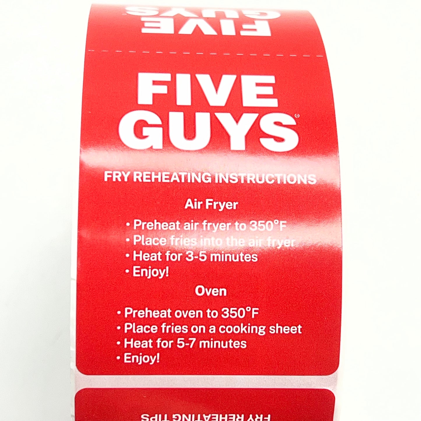 ZA@ FIVE GUYS (12 PACK) Roll of Fry Reheating Instructions Stickers for to Go Bags  Red