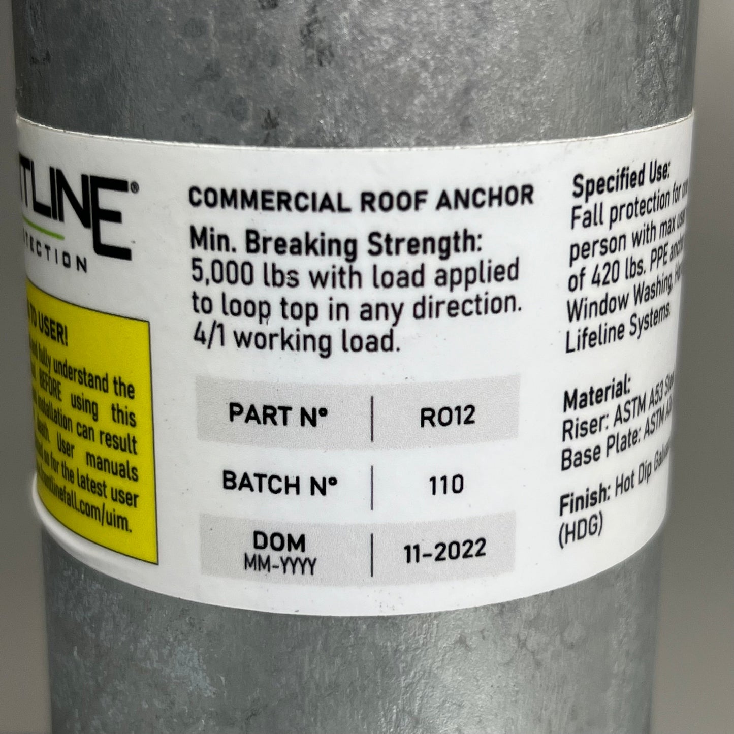 FRONTLINE Fall Protection RO12 Commercial Roof Anchor 12" OSHA ANSI Compliant