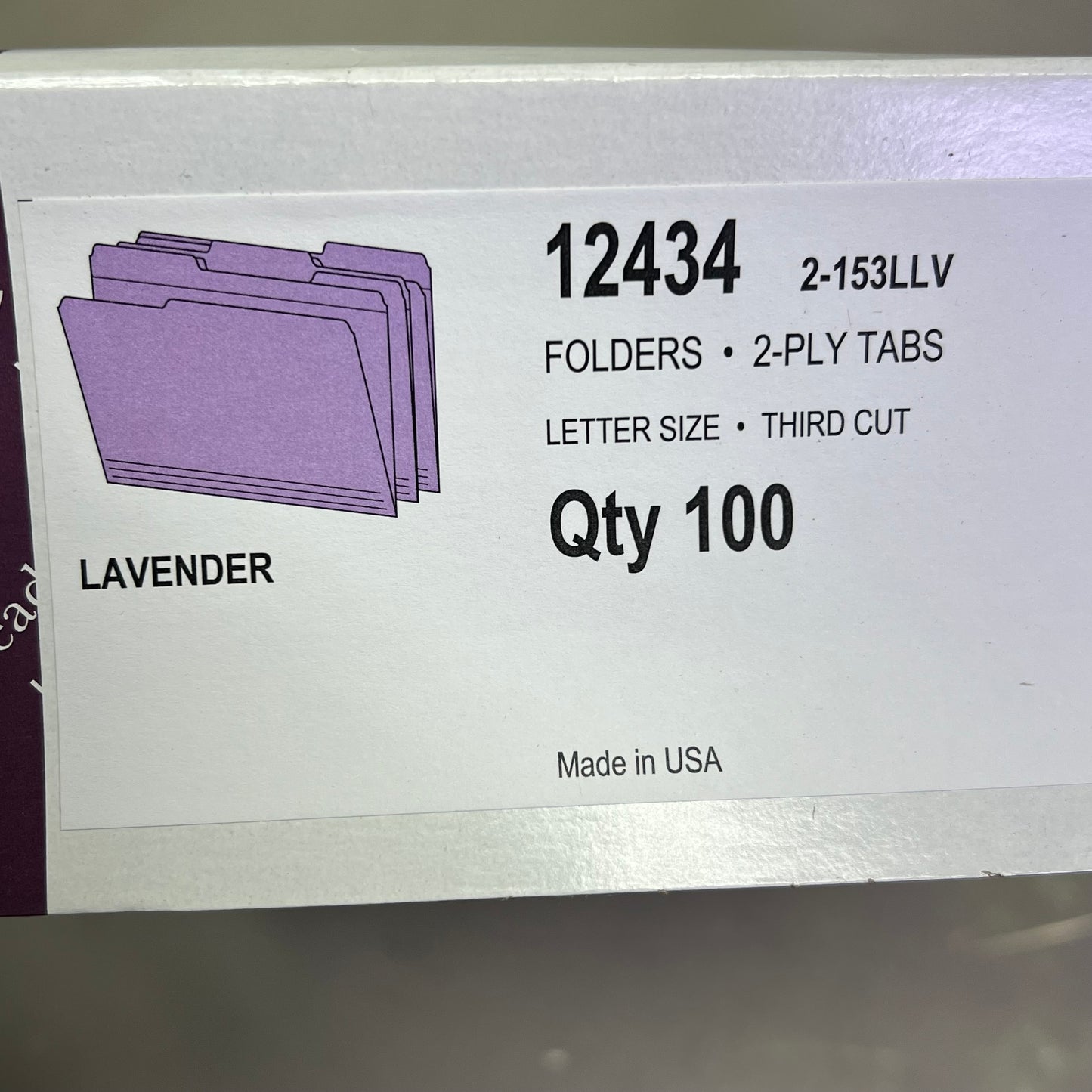 SMEAD (100 PACK) Reinforced File Folder Letter Sz 1/3 Cut Tab Lavender 12434
