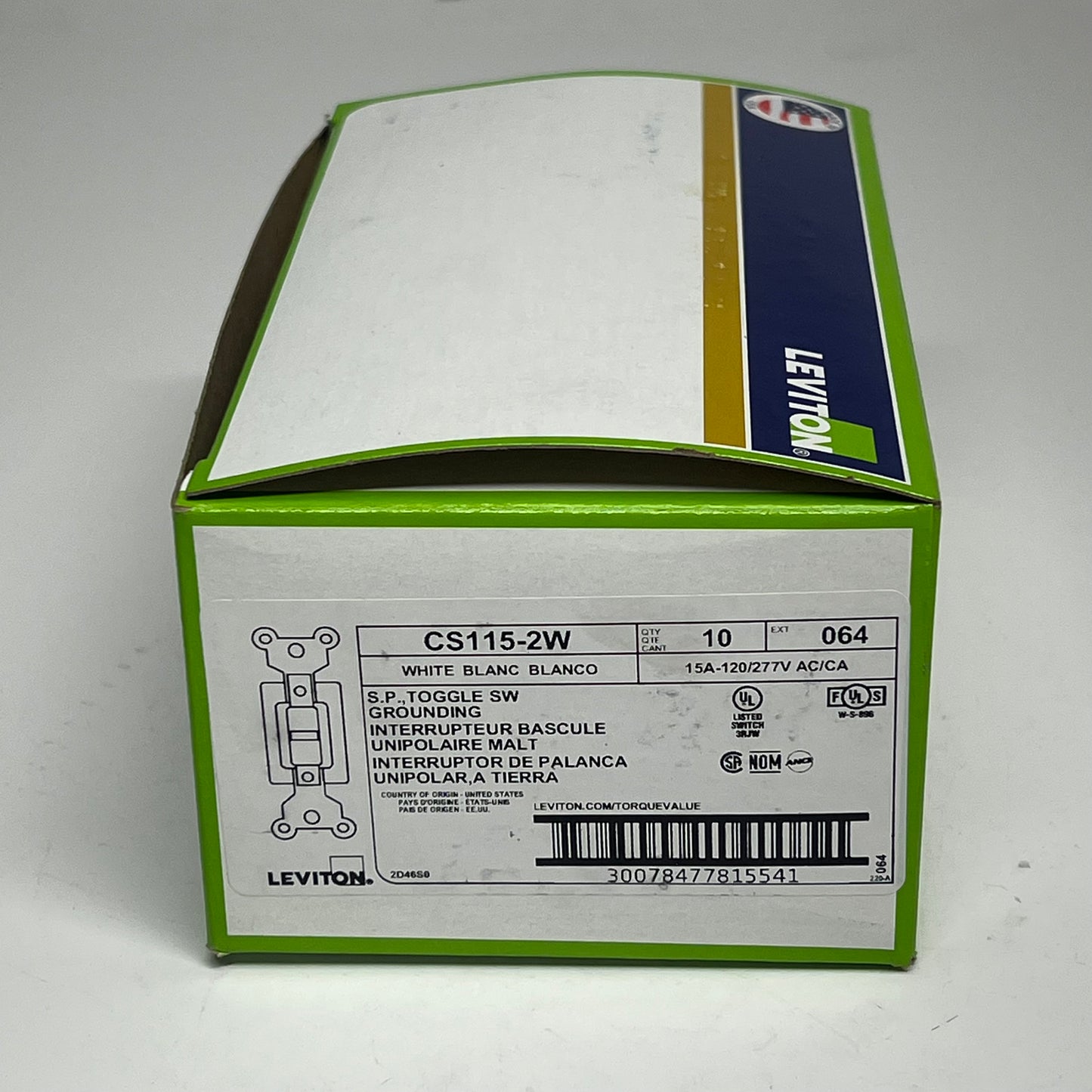 LEVITON (10 PACK) Toggle Switch Single Pole Quiet Switch 15 AMP White CS115-2W