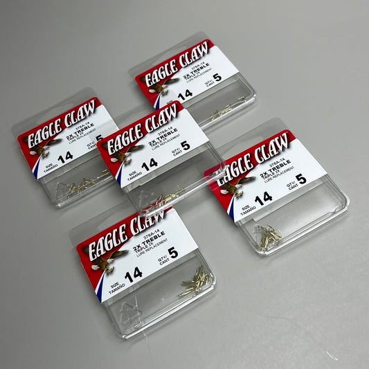 EAGLE CLAW (5 PACK) Curved Point 2X Treble Hook Lure Repla Gold #14 5pc 376A-14