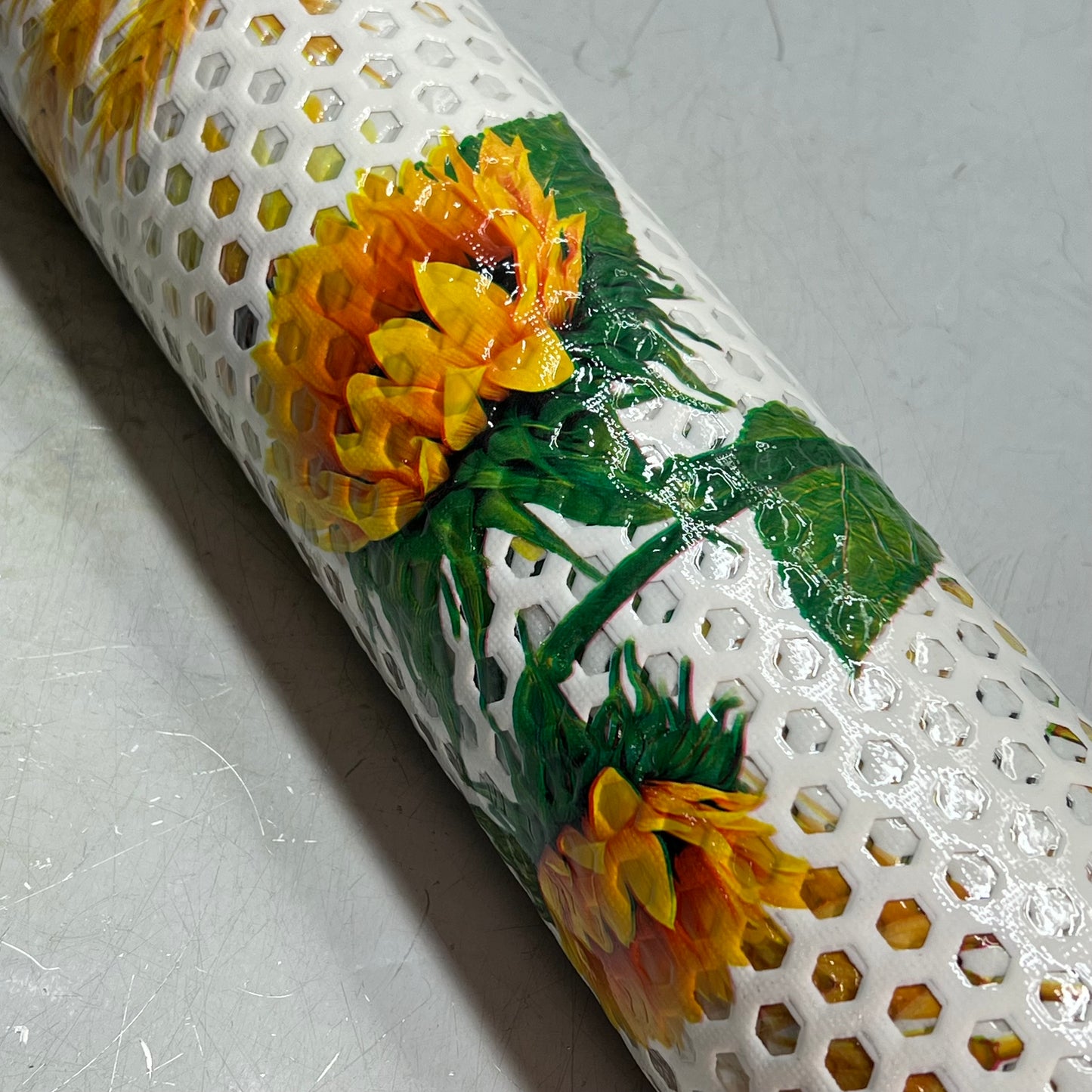 PVC Glossy Hexagon Lace Sunflower Dinning Tablecloth 54"x60' White/Yellow