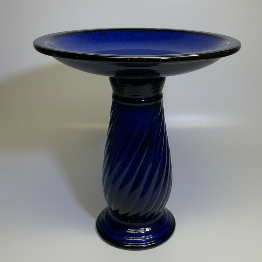 ZA@ Glazed Pottery 2 Piece Swirl Stand Bird Bath 22" L x 20" Dia Deep Blue