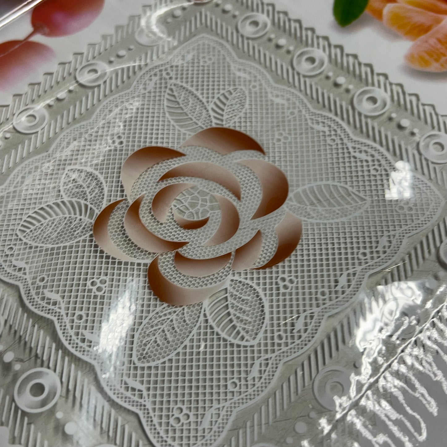 PVC Glossy Patchwork Faux Lace Floral Fruit Table Cloth 54"x60' Clear/Multicolor