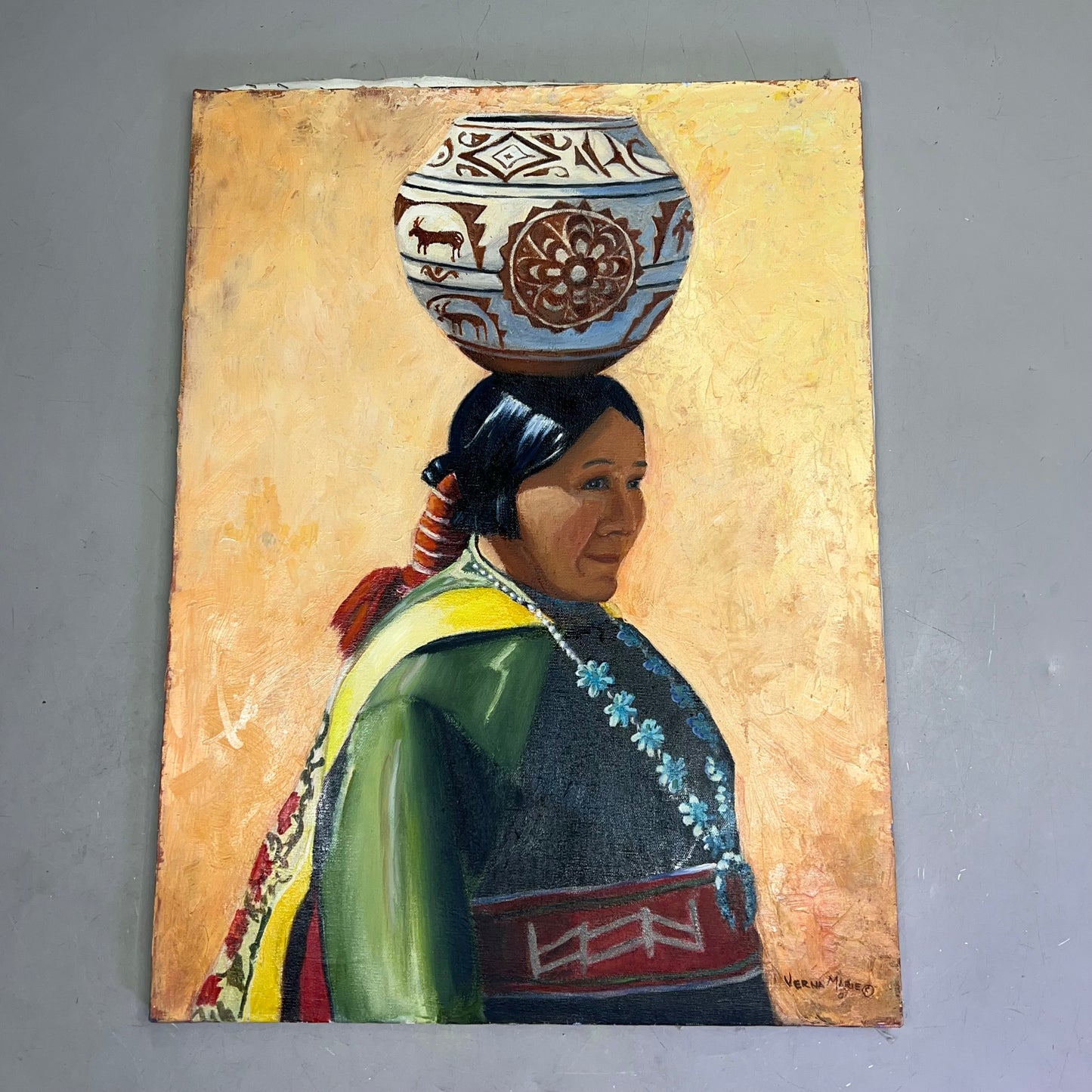 VERNA MARIE (CAMPBELL) Native W/ Head Pot Oil Painting On Canvas 24"x18" (As-is)