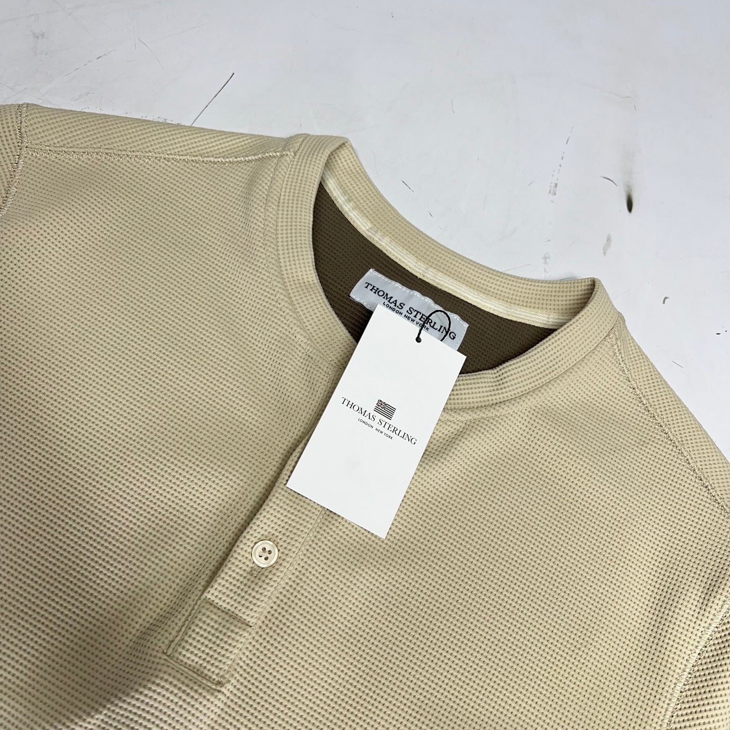 THOMAS STERLING Half Button Soft Waffle Knit Long Sleeve Men's Sz L Khaki