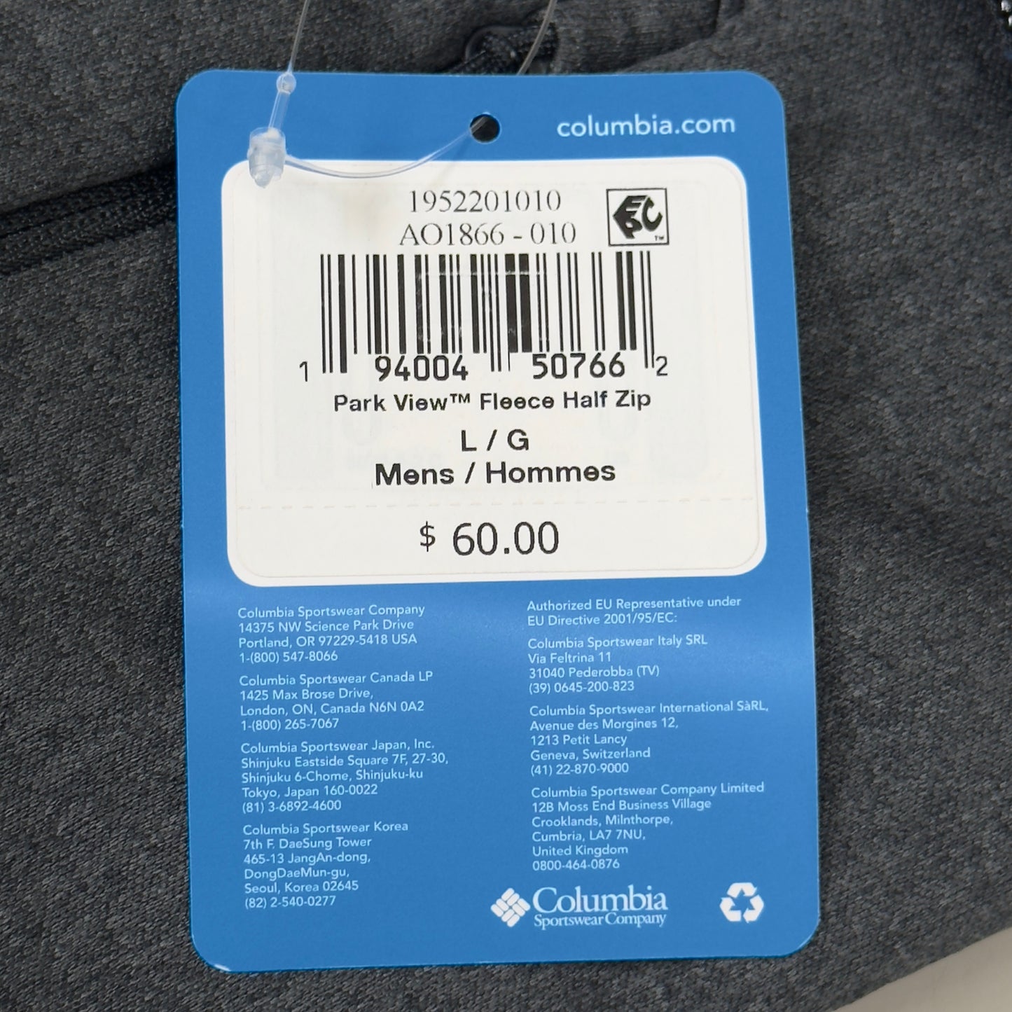 COLUMBIA Park View Fleece Half Zip Omni-Wick Men's Sz L Black Heather 1952201010