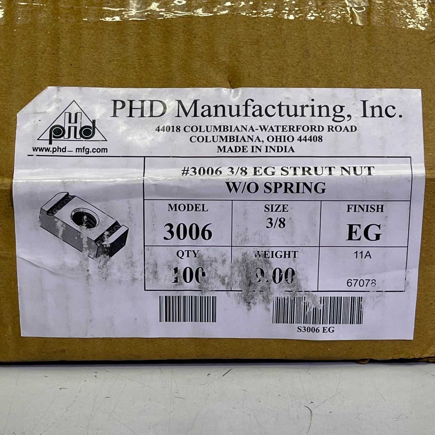 PHD MANUFACTURING (100 PACK) Strut Nut w/o Spring 3/8 Low Carbon Steel S3006 EG