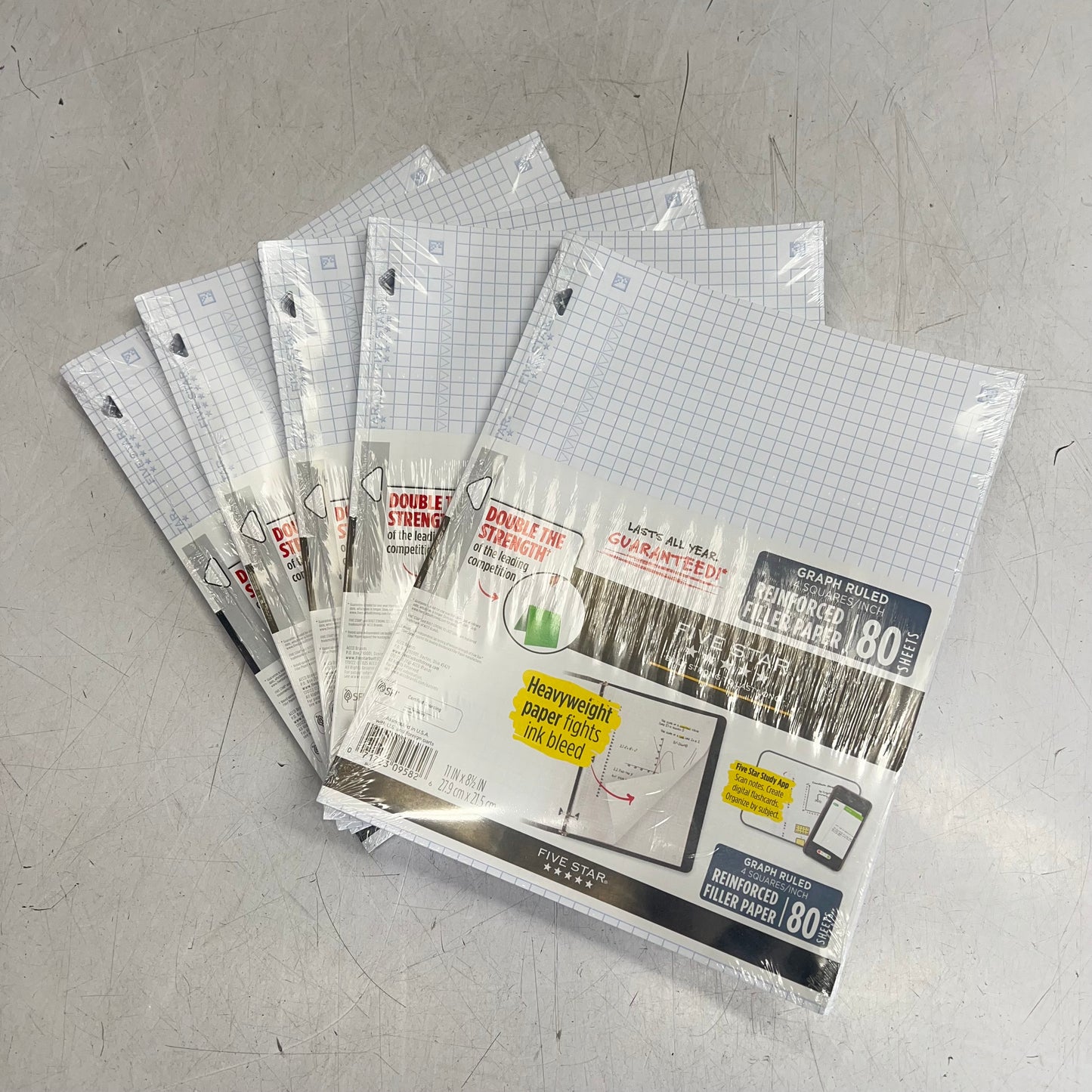 ZA@ FIVE STAR (5 PACK, 80 SHEETS EACH) Reinforced Graph-ruled Filler Paper  11"x8.5" White B-106