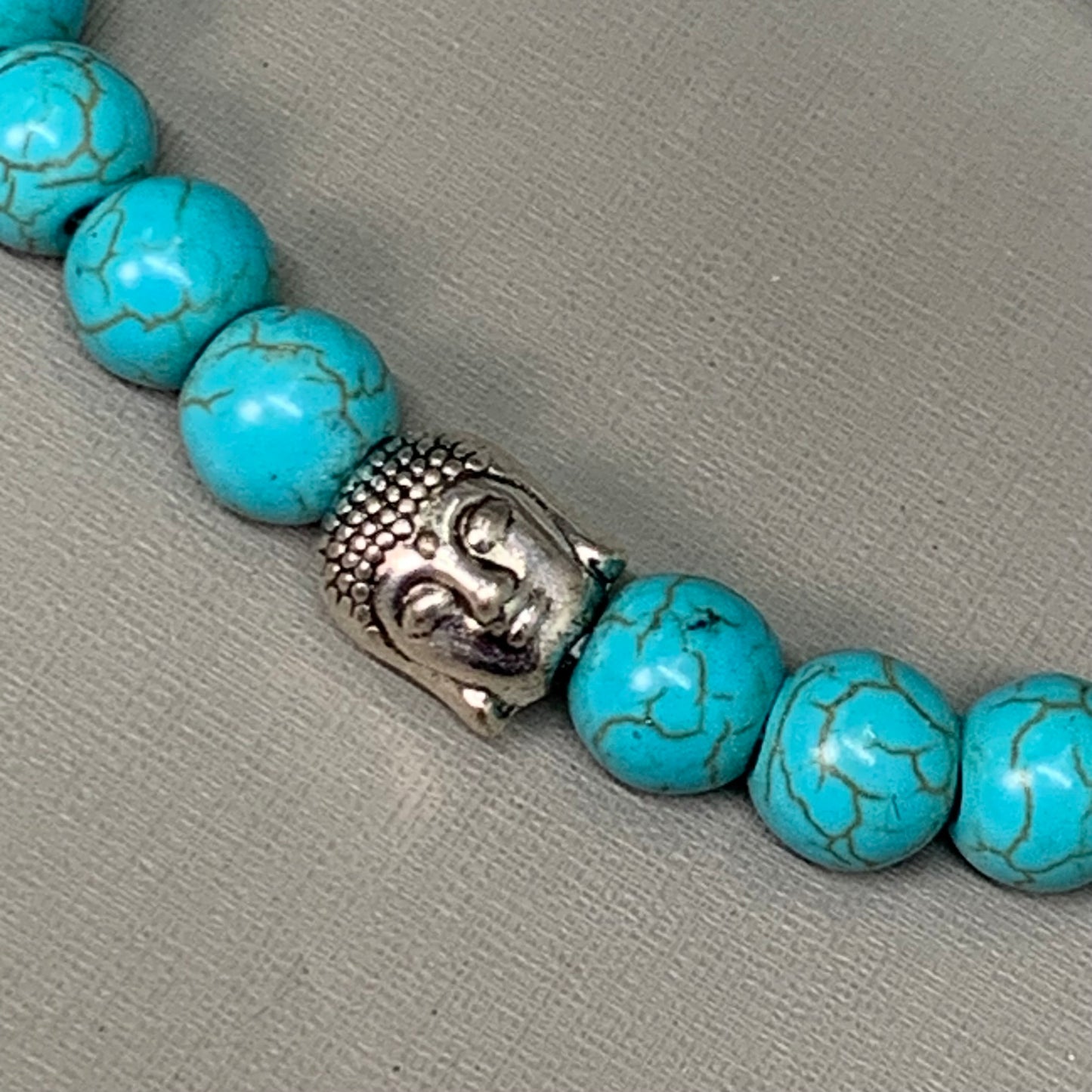 BEST WHOLESALE (12 PACK) Beaded Cracked Turquoise Crystal Bracelets 3" Silver Buddha