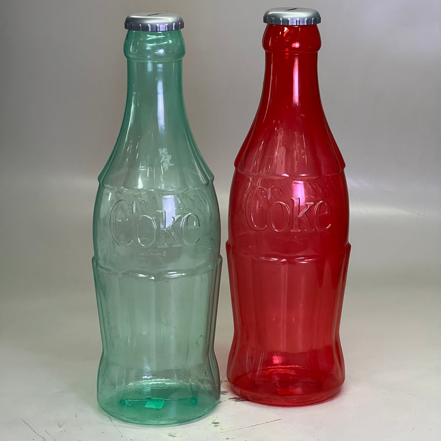 ZA@ COCA-COLA (2 PACK) Plastic Coke Bottle Bank 22"H Green & Red (AS-IS) B