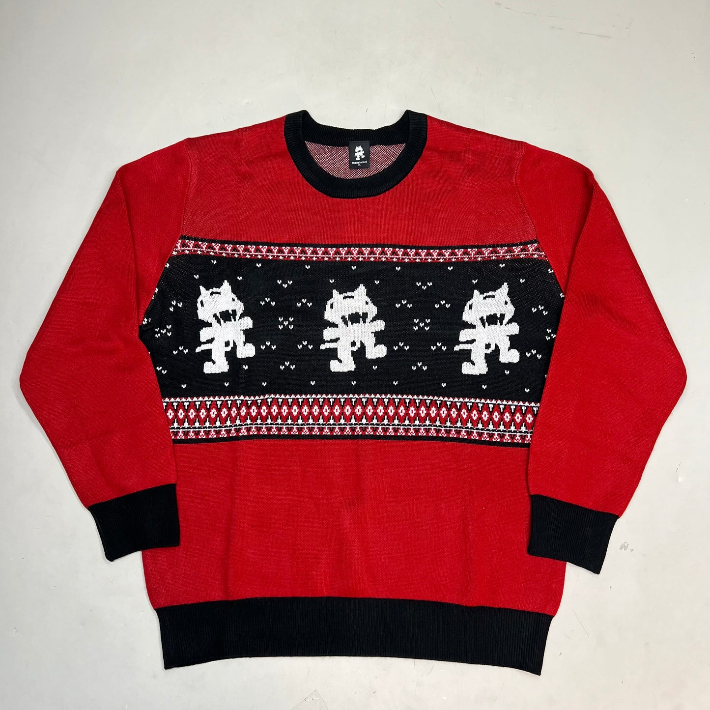 MONSTERCAT Records Holiday Intarsia Pullover Sweater Men's Sz XL Deep Red/Black