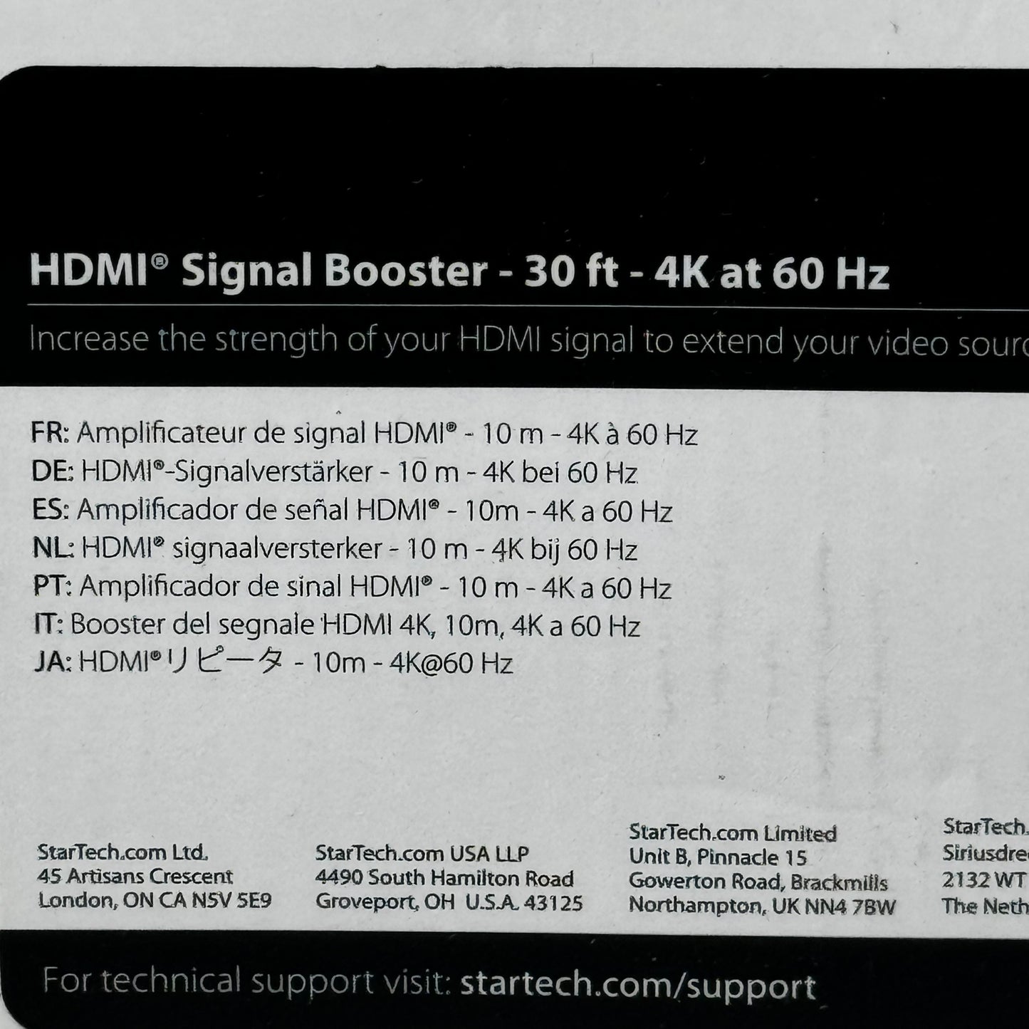 STARTECH.COM HDMI Signal Booster HDMI Extender 4K 60Hz 30ft Black HDBOOST4K