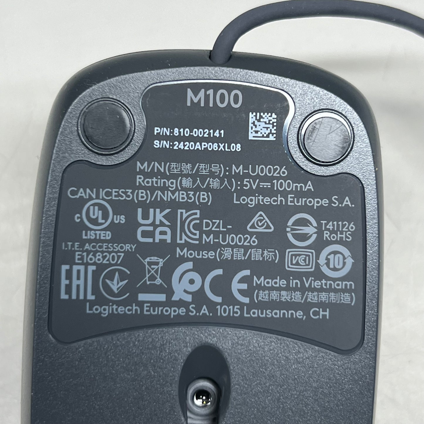 LOGITECH Full-Size USB Wired Mouse (2-Pack) 4.5" x 2.5" Black M100